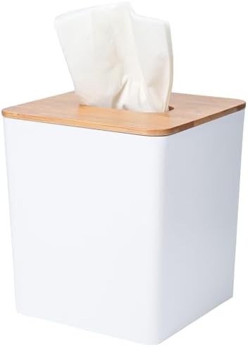 Tissue Box Cover Bamboo Lid Square Design Boho Decor White