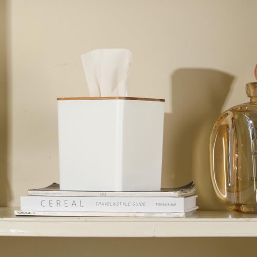 Tissue Box Cover Bamboo Lid Square Design Boho Decor White