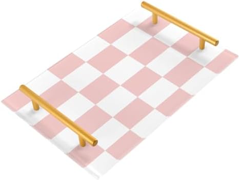 -white pink squares checkerboard bathroom vanity tray with gold handles