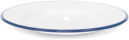 Red Co Set of 4 Enamelware Metal Classic 10 Round Dinner Plate Solid WhiteNavy Blue Rim