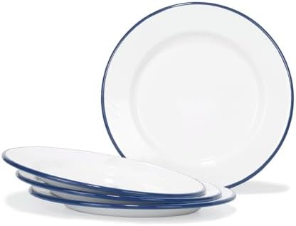 Red Co Set of 4 Enamelware Metal Classic 10 Round Dinner Plate Solid WhiteNavy Blue Rim
