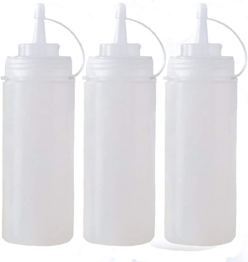 3-pack plastic condiment squeeze bottles with tip caps