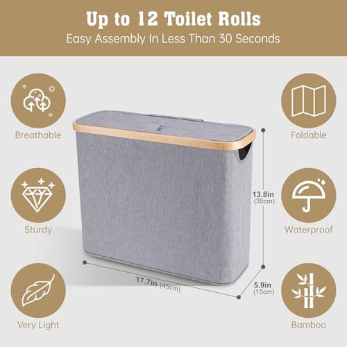 Oneearf Ultimate Bathroom Holder - Large Capacity Bamboo Oxford Storage Basket for 12 Roll Toilet Paper