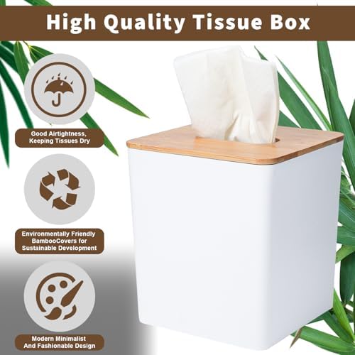 Tissue Box Cover Bamboo Lid Square Design Boho Decor White