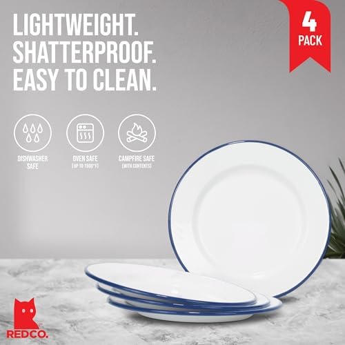 Red Co Set of 4 Enamelware Metal Classic 10 Round Dinner Plate Solid WhiteNavy Blue Rim