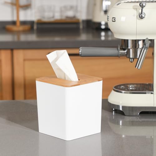 Tissue Box Cover Bamboo Lid Square Design Boho Decor White