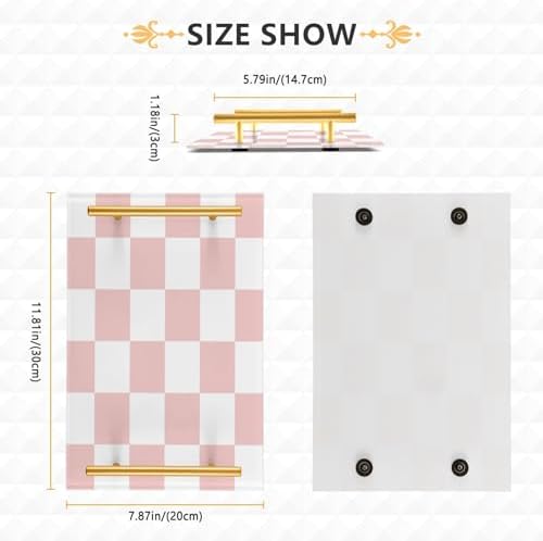 -white pink squares checkerboard bathroom vanity tray with gold handles
