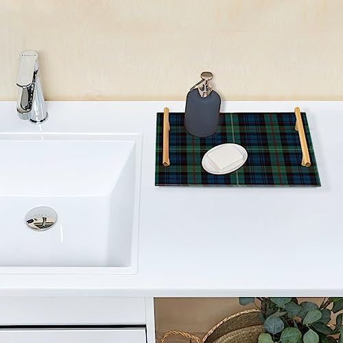 Pigsaly Blue Black Green Plaid Bathroom Sink Vanity Organizer Tray with Gold Handles Red Gold Tartan
