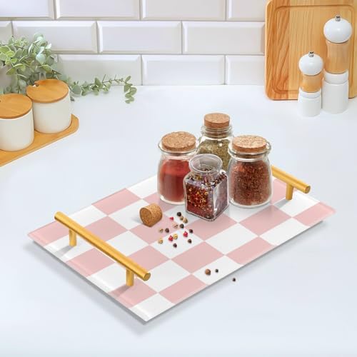 -white pink squares checkerboard bathroom vanity tray with gold handles