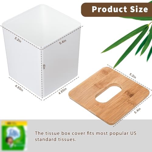 Tissue Box Cover Bamboo Lid Square Design Boho Decor White