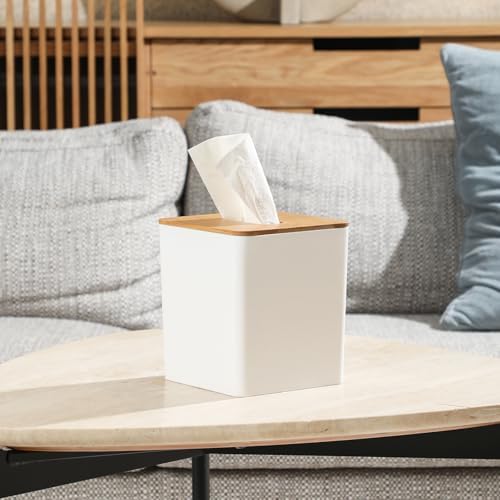 Tissue Box Cover Bamboo Lid Square Design Boho Decor White