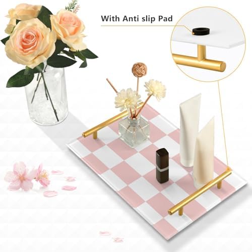 -white pink squares checkerboard bathroom vanity tray with gold handles