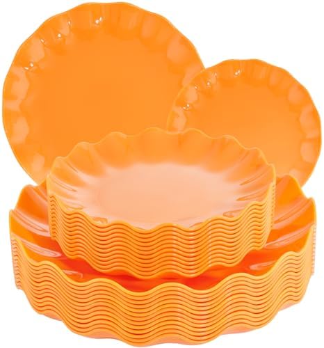 LIYH 24pcs Orange Platters - Scalloped Sturdy Reusable Plates for Parties