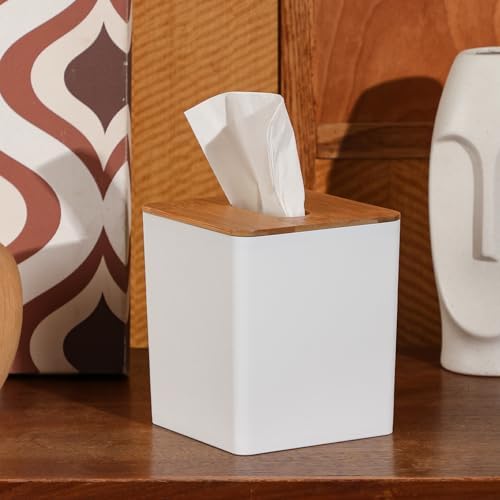 Tissue Box Cover Bamboo Lid Square Design Boho Decor White
