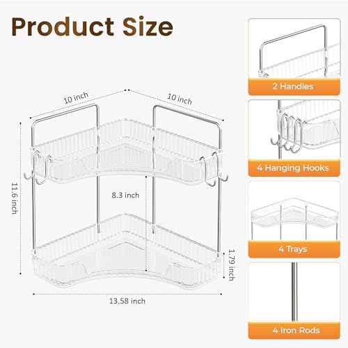 2 Tier Corner Bathroom Organizer with Hooks and Trays 1