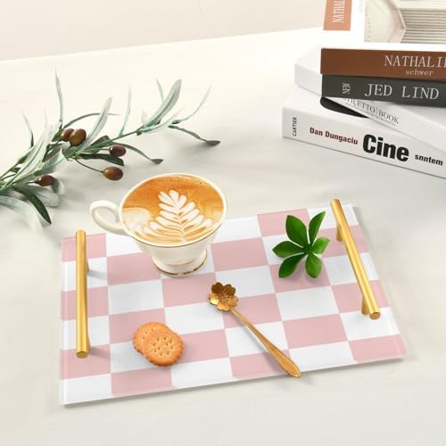 -white pink squares checkerboard bathroom vanity tray with gold handles