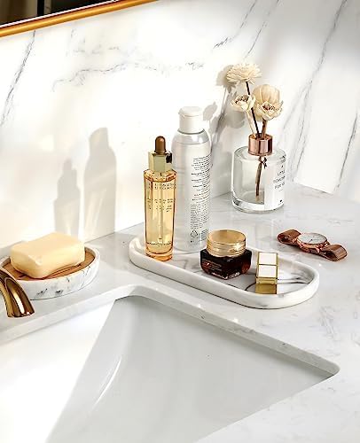 Elegantly Simple Oval Vanity Tray - White Marble Bathroom Organizer for Jewelry Small Items
