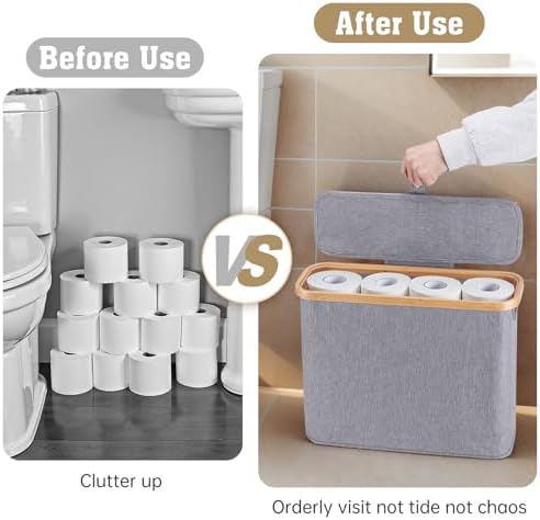 Oneearf Ultimate Bathroom Holder - Large Capacity Bamboo Oxford Storage Basket for 12 Roll Toilet Paper