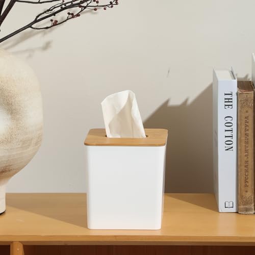 Tissue Box Cover Bamboo Lid Square Design Boho Decor White
