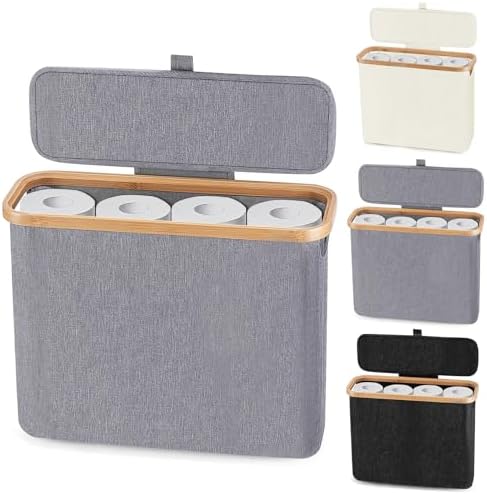 Oneearf Ultimate Bathroom Holder - Large Capacity Bamboo Oxford Storage Basket for 12 Roll Toilet Paper