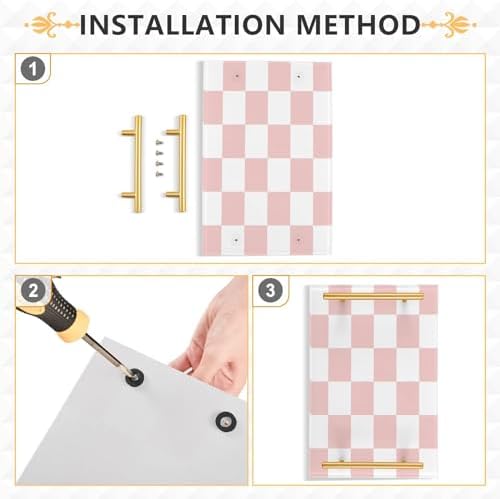 -white pink squares checkerboard bathroom vanity tray with gold handles