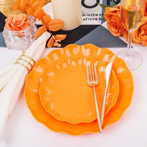 LIYH 24pcs Orange Platters - Scalloped Sturdy Reusable Plates for Parties