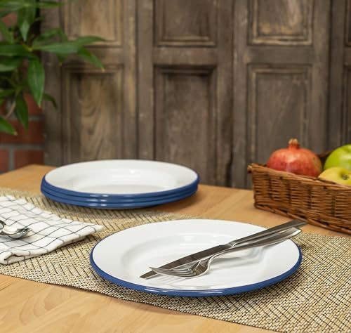 Red Co Set of 4 Enamelware Metal Classic 10 Round Dinner Plate Solid WhiteNavy Blue Rim