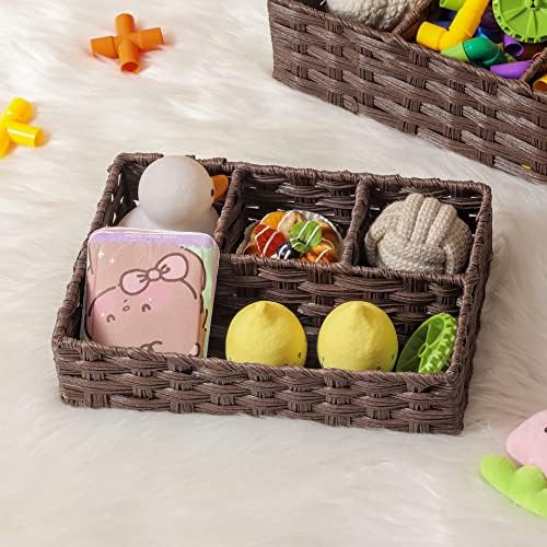 AMTOTAM Multi-Use Hand Woven Plastic Wicker Basket for Bathroom Storage Rustic Farmhouse Design Includes Divider
