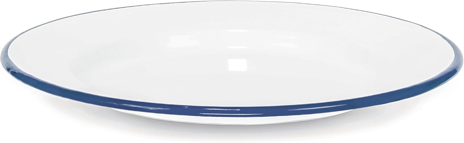 Red Co Set of 4 Enamelware Metal Classic 10 Round Dinner Plate Solid WhiteNavy Blue Rim