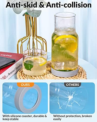 Ergonomic Nightstand Glass Carafe with Silicone Coaster 18oz Water Mouthwash Dispenser