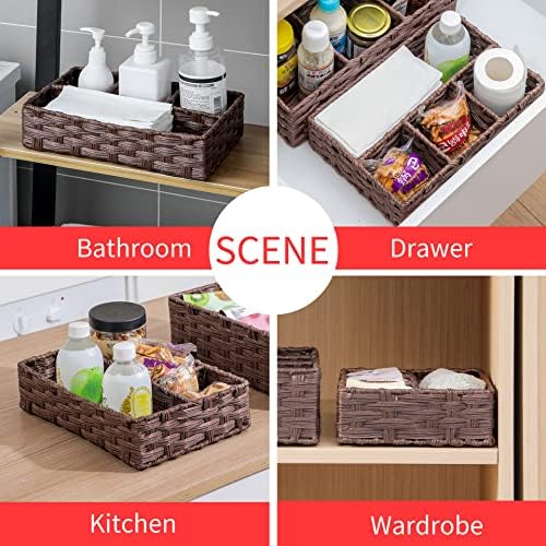 AMTOTAM Multi-Use Hand Woven Plastic Wicker Basket for Bathroom Storage Rustic Farmhouse Design Includes Divider