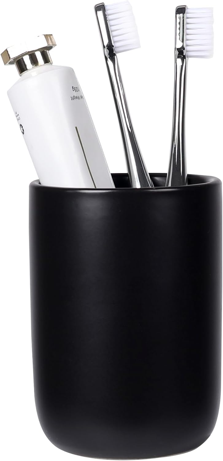 BosilunLife Ceramic Toothbrush Holder - 12oz Black Tumbler Cup - Reusable Oral Care Accessory
