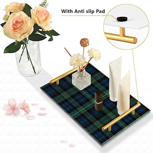 Pigsaly Blue Black Green Plaid Bathroom Sink Vanity Organizer Tray with Gold Handles Red Gold Tartan