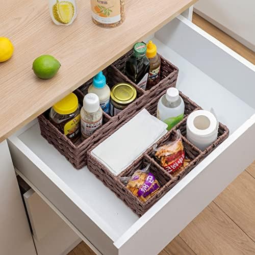 AMTOTAM Multi-Use Hand Woven Plastic Wicker Basket for Bathroom Storage Rustic Farmhouse Design Includes Divider