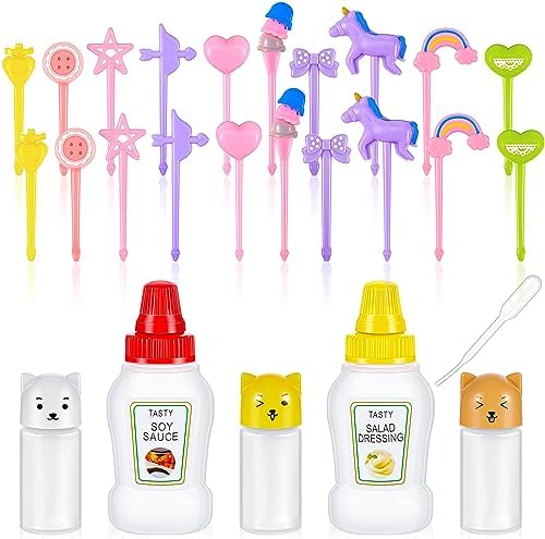 26 Pcs Lunch Bento Soy Sauce Case Container for Kids with Condiment Squeeze Bottles and Animal Food Picks