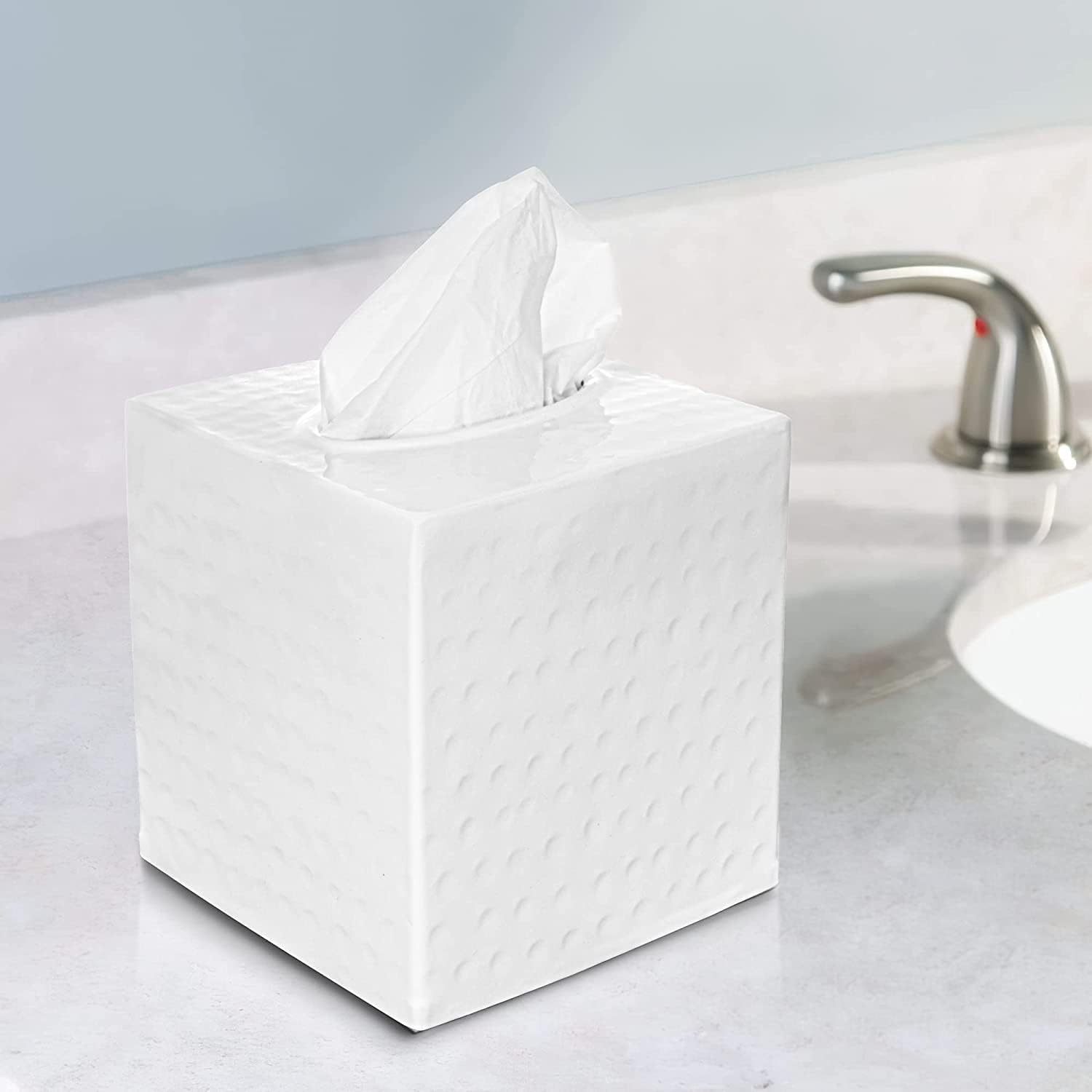Hand-Hammered White Tissue Box Cover for Bathroom or Home