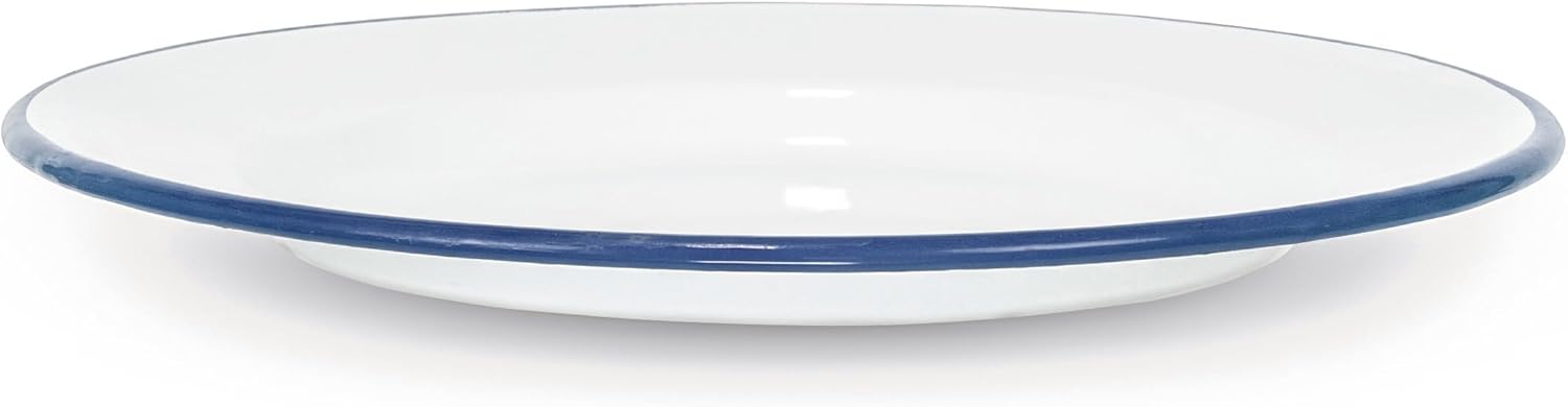 Red Co Set of 4 Enamelware Metal Classic 10 Round Dinner Plate Solid WhiteNavy Blue Rim