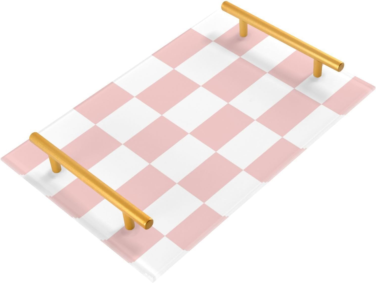 -white pink squares checkerboard bathroom vanity tray with gold handles