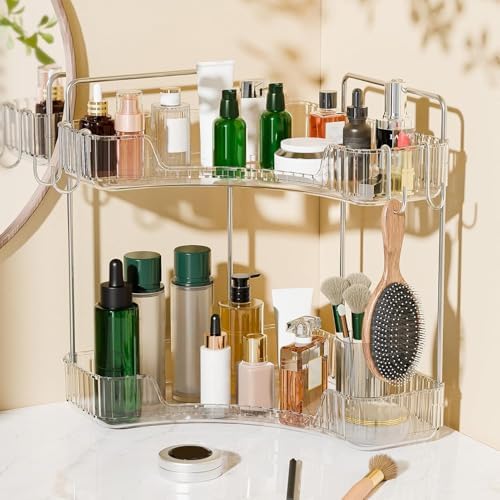 2 Tier Corner Bathroom Organizer with Hooks and Trays 1