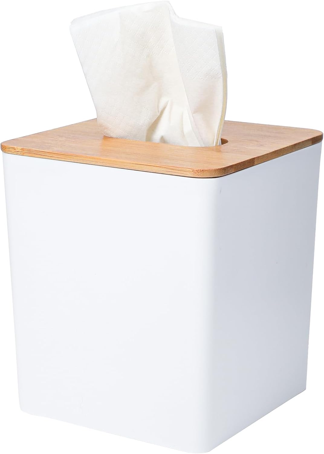 Tissue Box Cover Bamboo Lid Square Design Boho Decor White