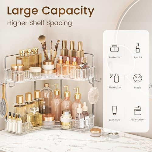 2 Tier Corner Bathroom Organizer with Hooks and Trays 1