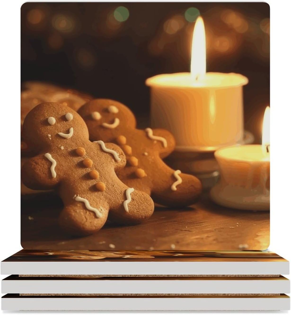Candles and Gingerbread Men Ceramic Coasters Set of 4