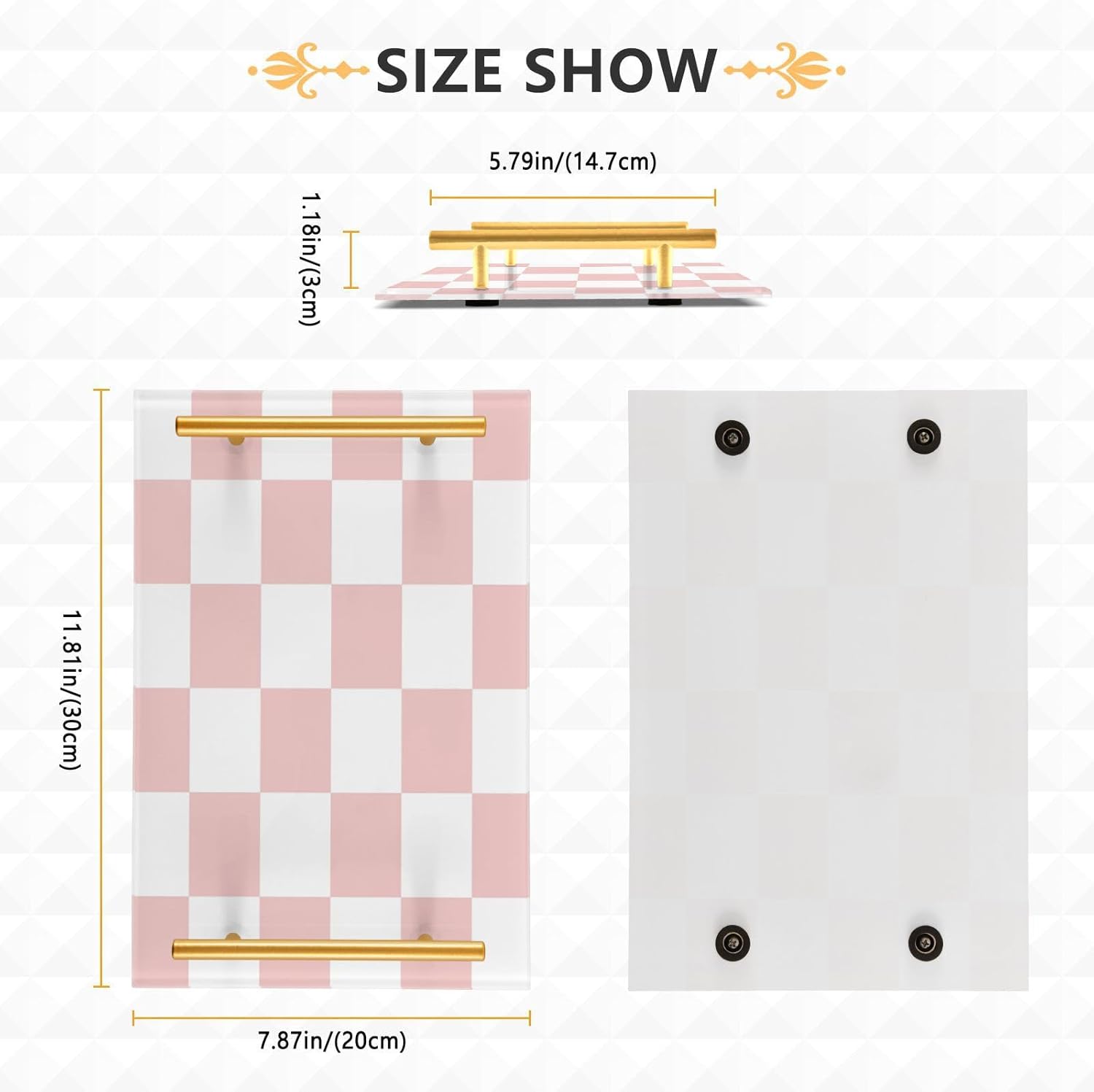 -white pink squares checkerboard bathroom vanity tray with gold handles