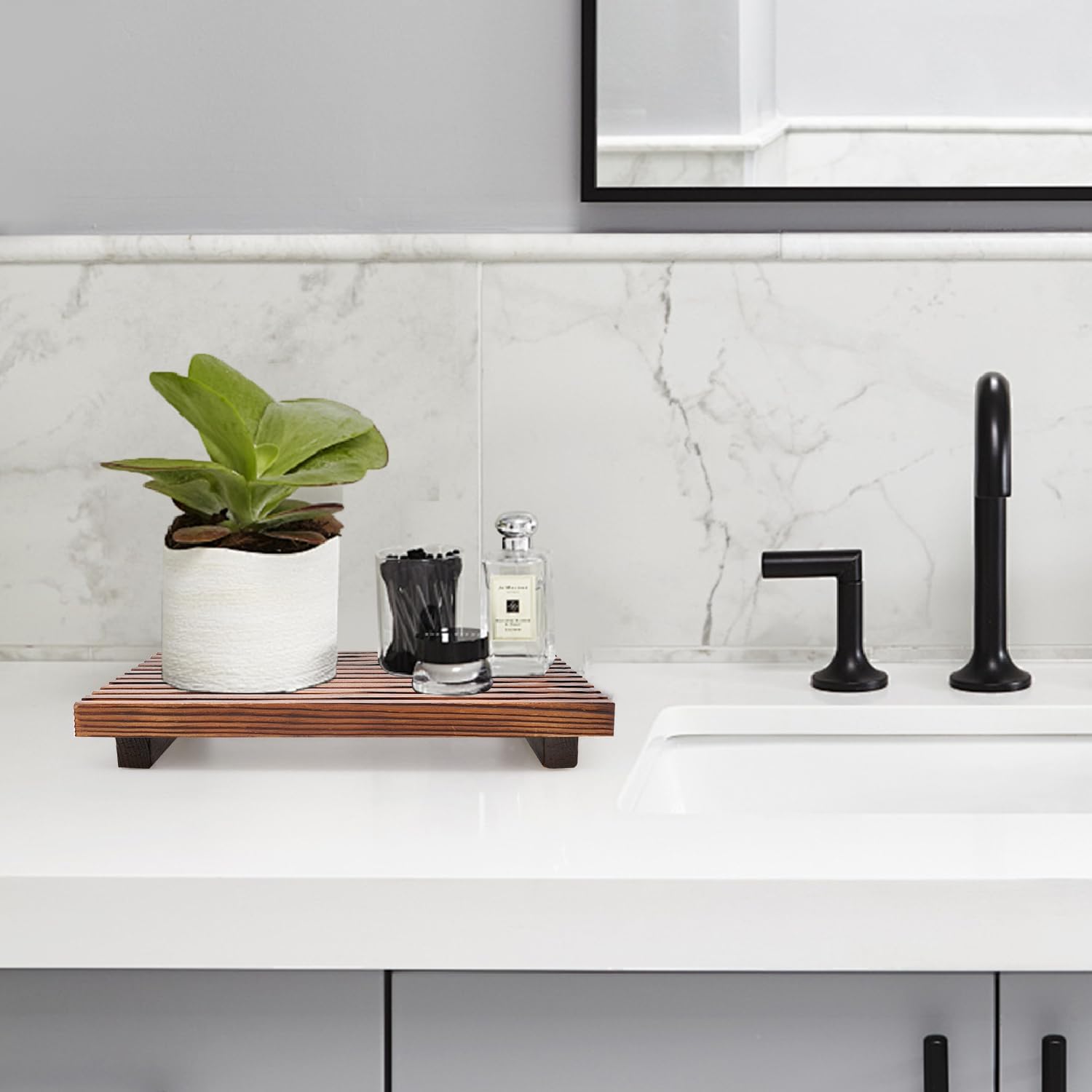 Farmhouse Inspired Wood Bath Counter Tray Multi-Functional Storage Decor for Bathroom Kitchen