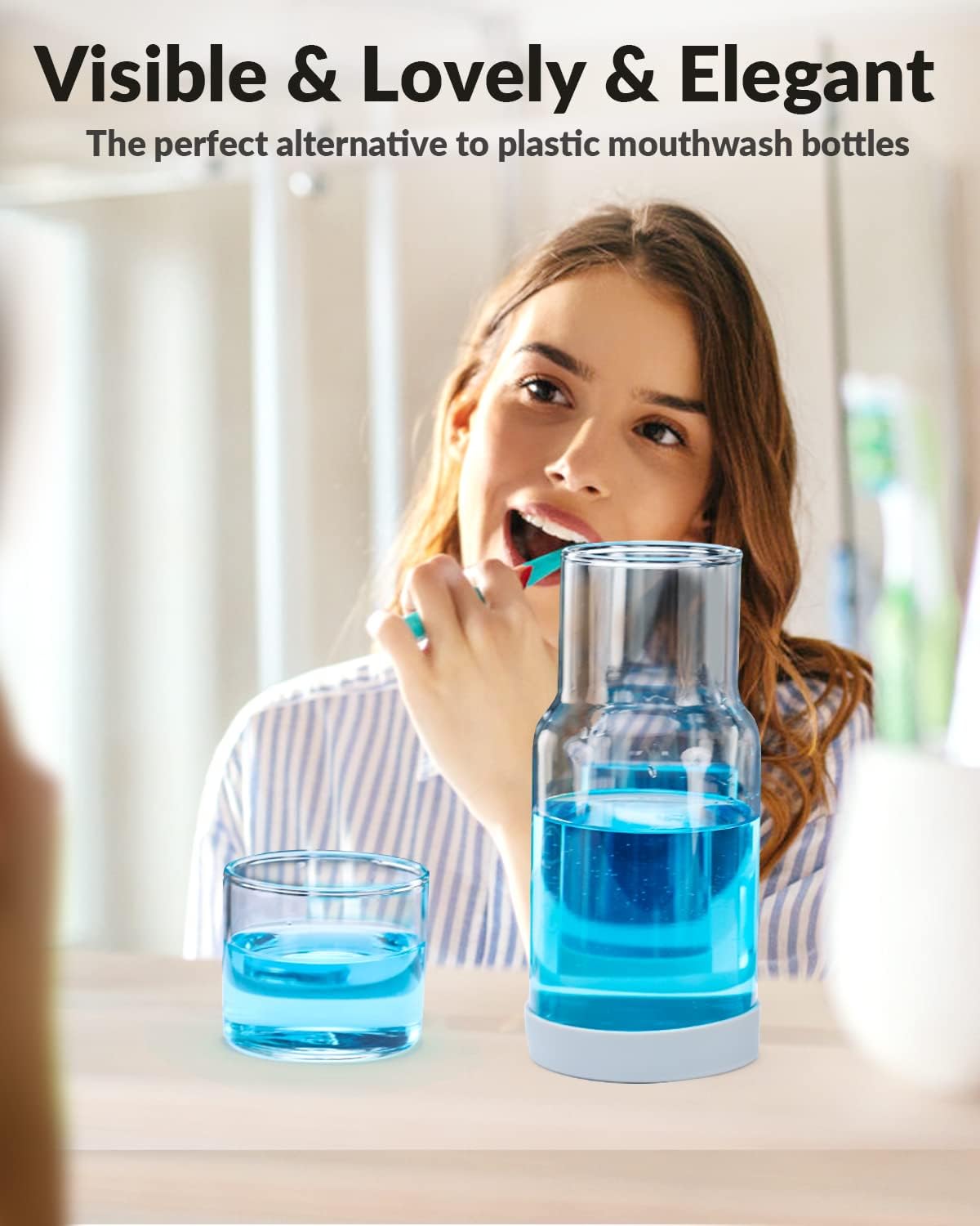 Ergonomic Nightstand Glass Carafe with Silicone Coaster 18oz Water Mouthwash Dispenser