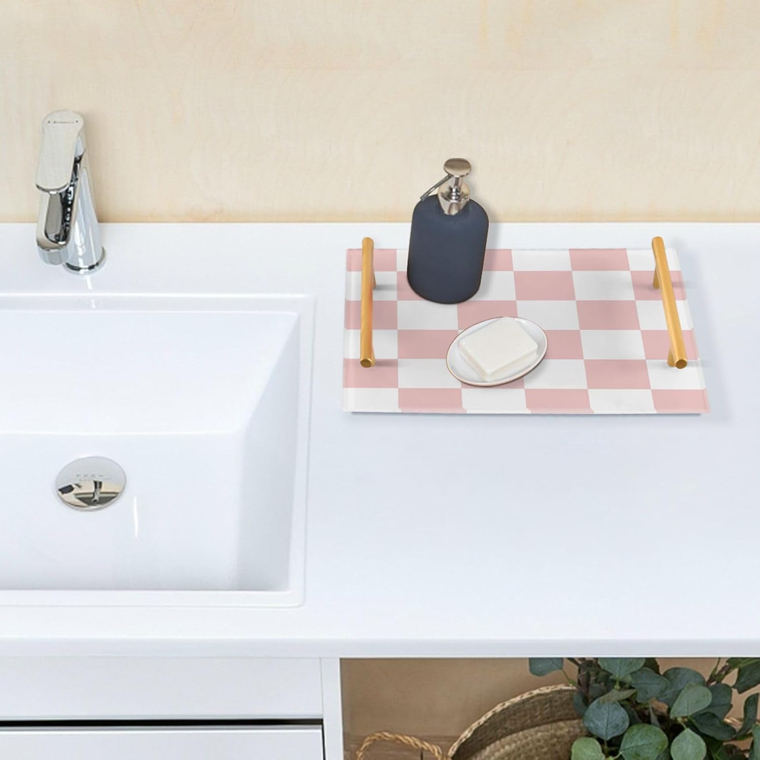 -white pink squares checkerboard bathroom vanity tray with gold handles