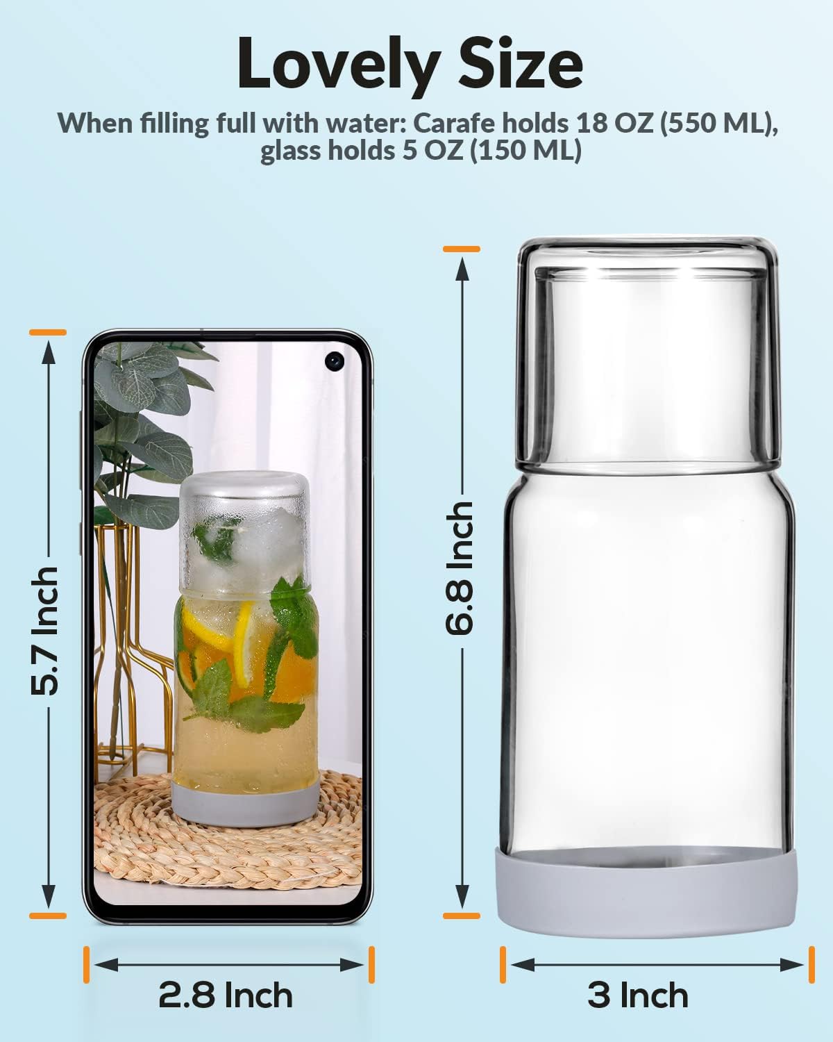 Ergonomic Nightstand Glass Carafe with Silicone Coaster 18oz Water Mouthwash Dispenser