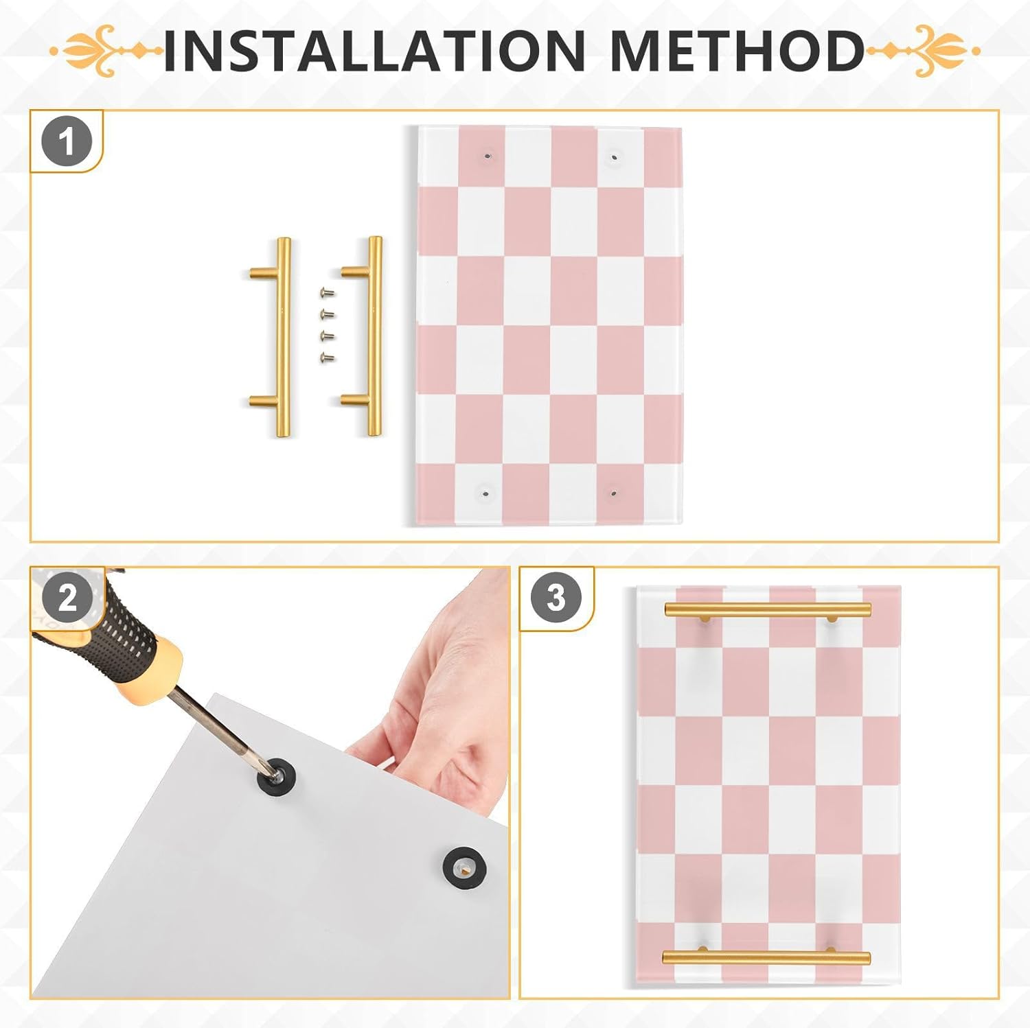 -white pink squares checkerboard bathroom vanity tray with gold handles