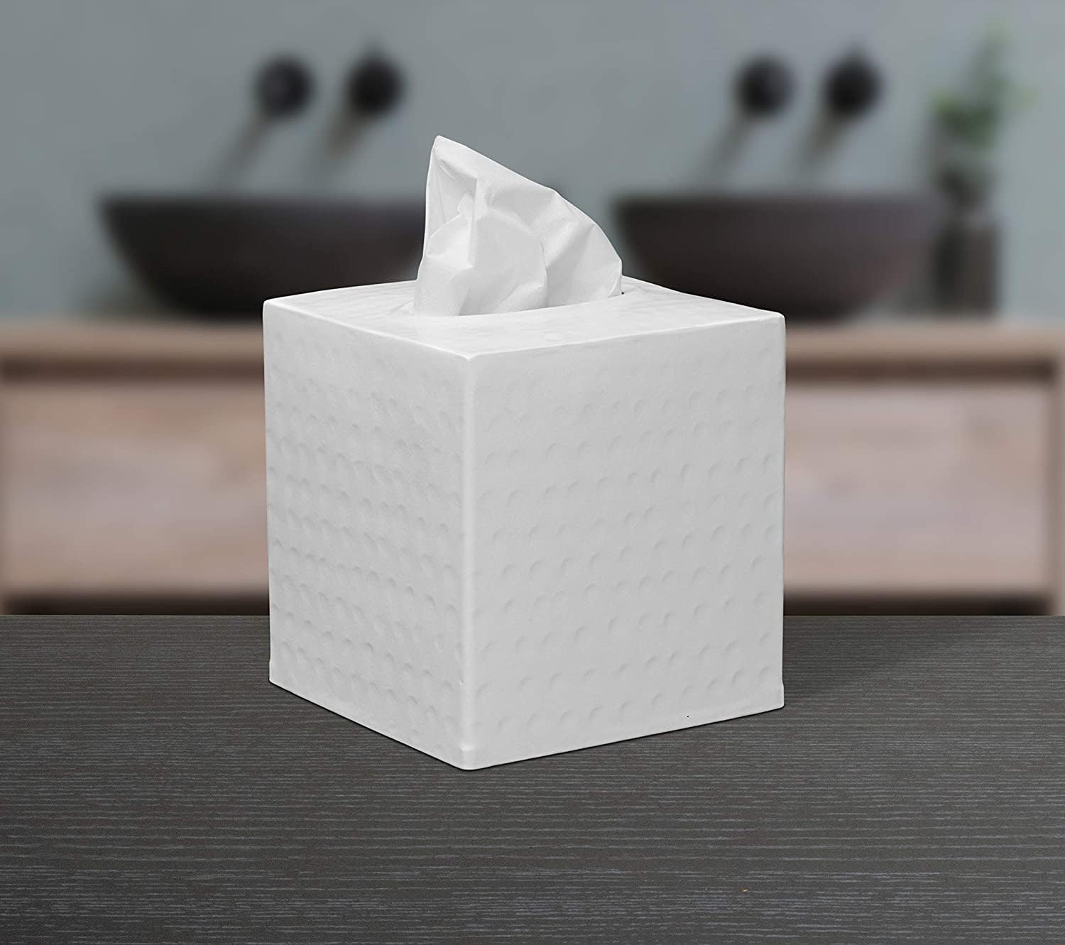 Hand-Hammered White Tissue Box Cover for Bathroom or Home