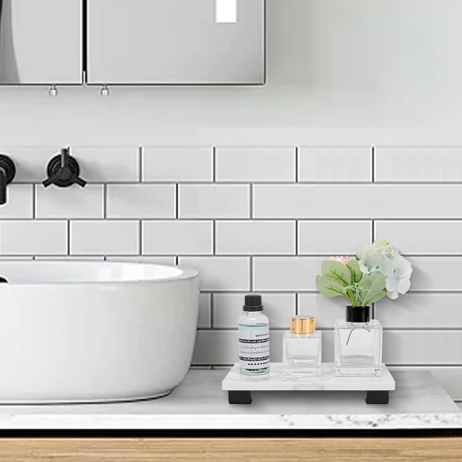 Winmien Luxury Marble Bath Vanity Tray Black Rectangles 8x4x1 inches